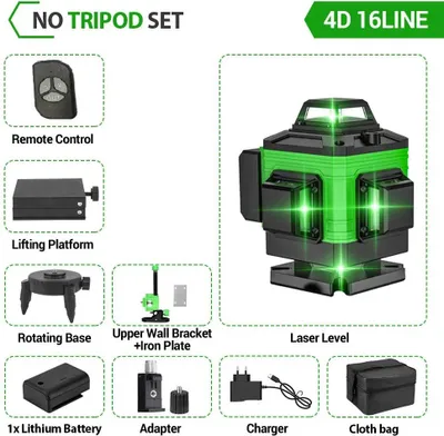 Produktbild von Kreuzlinienlaser - 4D 16 Linien - Selbstnivellierend 360° - Grüner Laser 505–520 nm - EU-Stecker - Mit Stofftasche - Ohne Stativ - Orange