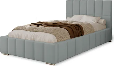 Produktbild von Polsterbett Alma 90x200 cm, Bett mit Kopfteil, Doppelbett mit Bettkasten, Lattenrost und Matratze aus Holz, Velourstoff: Silbern