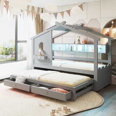 Produktbild von Flieks Kinderbett Hausbett mit Ausziehbett 90x190cm, Holzbett Kinder Einzelbett mit Led und Ladestation, Kinderbett mit Schubladen und Ablagen, Grau