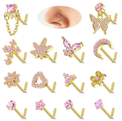 Obrázek produktu pro Sada 14 nosních piercingů pro ženy - 14K zlaté a stříbrné ocelové nosní šperky