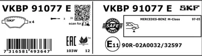 Zdjęcie produktu dla Zestaw klocków hamulcowych SKF, tylny hamulec tarczowy VKBP 91077 E