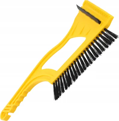 A yellow and black snow brush with an ice scraper attached, isolated on a white background.