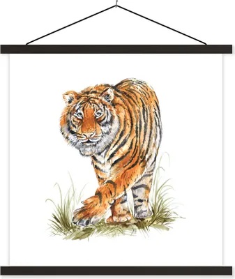 Produktbild von MuchoWow® Textilposter Tiger - Gras - Kopf 90x90 cm mit schwarzem Rahmen - Magnetisches