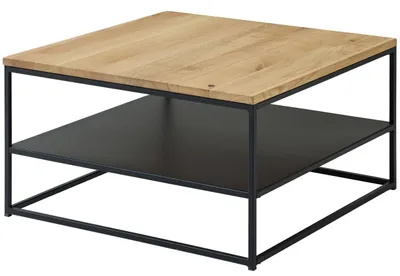 Couchtisch TILDA 75 x 75 mit Eichenholzplatte und schwarzem Metallgestell sowie Ablagefläche in Gesamtansicht.