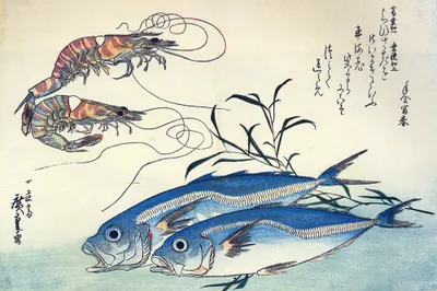 Zdjęcie produktu dla Utagawa Hiroshige Art Print Obraz - Makrela i krewetki, 1834-35 (80 x 120 cm)