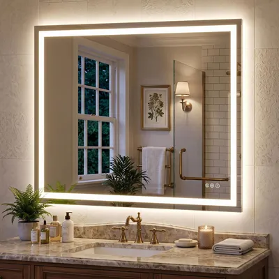 Zdjęcie produktu dla Lustro do łazienki LED, 91,4 x 76,2 cm, z podświetleniem, 3 tryby barw, możliwość regulacji jasności, funkcja zapobiegająca parowaniu, klasa szczelności IP44
