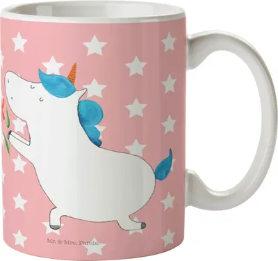 Produktbild von Mr. & Mrs. Panda Kaffeebecher Einhorn Blume - Rot Pastell - Geschenk, Einhörner, Freund, Bedruckte Tasse, Pott, Kaffeetasse, Teetasse, Heiratsantrag, Unicorn, Liebe