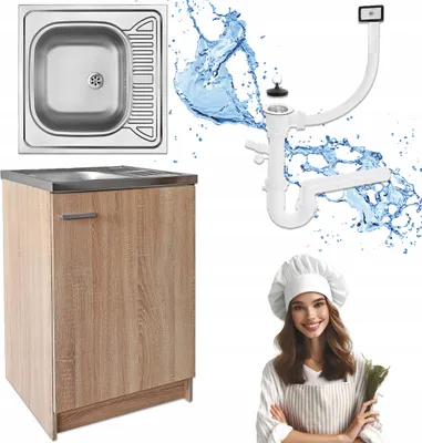 A collage of a kitchen sink, cabinet, plumbing parts, and a chef.
