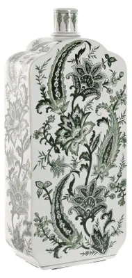 Productafbeelding van Vase Home ESPRIT, wit en groen, porselein, plantenbladmotief, 21 x 10 x 48 cm