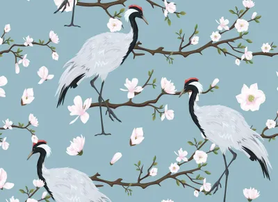 Produktbild von Kranich Tapete in Hellblau | Asiatische Fototapete mit Magnolie und Vogel auf Ästen | Florale Vlies Fototapete mit Japan