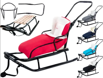 Immagine prodotto di GagaDumi Oslo slitta in metallo con schienale con cinture di sicurezza Barra di spinta e pedana Slitta per bambini Slittino ideale per bambini e adulti