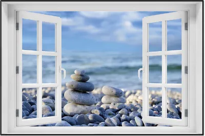 Produktbild von Wallario Wandbild mit Fenster-Illusion: Steinstapel am Strand, Größe: 61 x 91,5 cm, Poster mit schwarzem Aluminiumrahmen