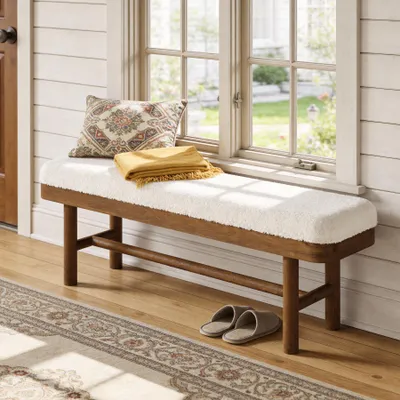 Produktbild von 140 cm Massivholz-Eingangsbank, Rustikale Polsterbank, Essbank mit Kissen für Eingangsbereich, Esszimmer, Garderobe, Veranda, weiß & braun