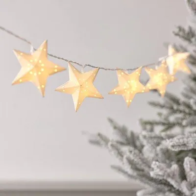 Productafbeelding van Lichtsnoer met 10 leds, met timer, sterren, papier, werkt op batterijen, kerstverlichting binnen, kerstster, decoratie, wit, kerstdecoratie