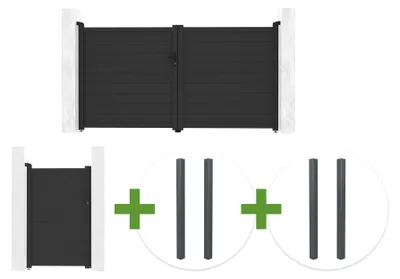Produktbild von EIGER 3 m H. 160 cm graues Schwingtor + EIGER 1 m H. 160 cm Fußgängertor + 4 ELDA Pfosten