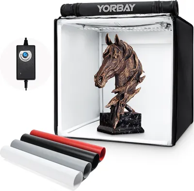 Produktbild von Yorbay Fotobox Fotostudio Set 40 x 40 x 40cm CRI 95+ LED Lichtbox Lichtwürfel Fotografie Lichtzelt inkl. 4 PVC-Hintergrundfolien (schwarz, weiß, grau, rot) Mehrweg