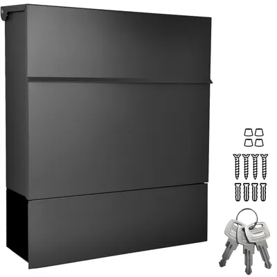 A black mailbox with accessories shown to the right.