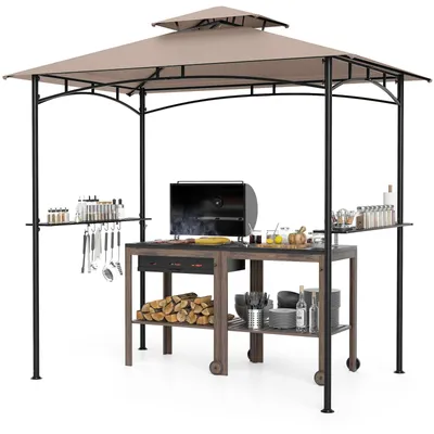 Produktbild von COSTWAY Grillpavillon mit Doppeldach, 2 Seitenregalen & 6 Haken, BBQ Pavillon, Grillüberdachung wetterfest, Grillunterstand 242x150x250cm Braun