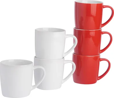 Produktbild von Argon Ta Farbige Kaffeetassen – 350 ml – Rot/Weiß – 6er-Pack – Robuste Teetasse aus Steingut, spülmaschinen- und mikrowellengeeignet