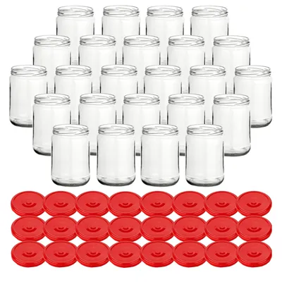 Produktbild von gouveo 24er Set Einmachgläser 580 ml Klassik mit Schraubdeckel rot - Runde Vorratsgläser mit Drehverschluss TO82 - Leeres Marmeladenglas, Einkochglas