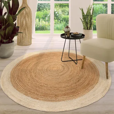 Produktbild von TT Home Wohnzimmer Teppich Jute Rund Modern Boho Handgefertigt Natur-Teppich Bordüre Größe 120 cm Rund