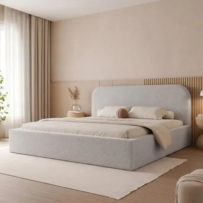 Obrázek produktu pro Čalouněná postel FUZZI 140x200, šedá bouclé, s úložným prostorem a roštem