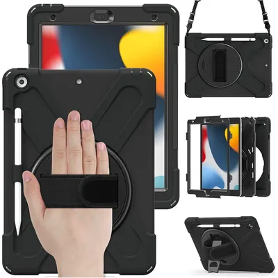 Produktbild von Mobigear SureGrip XGuard Hülle für iPad 9 (2021) – Kunststoff, Silikon, Rückseite mit Stifthalter, Schultergurt und Ständer – Schwarz