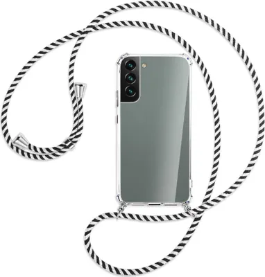 Produktbild von Handykette Backcover-Schutzhülle mit Band (Metall silberfarben) für Samsung Galaxy S22 Plus 5G (S906) - schwarz/weiß gestreift