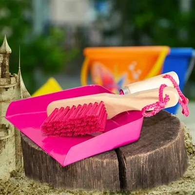 Produktbild von Kinder-Kehrblech & Besen als Gartengerät, Nylonhandfeger mit Holzgriff, Pink