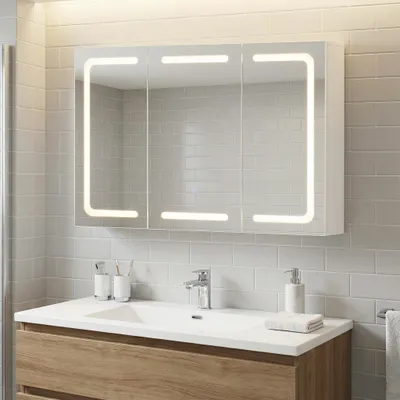 Produktbild von GIHAUVIA Spiegelschrank Bad LED mit 3 Farben Beleuchtung 90x60x14 cm Touch 3-türig Rasiersteckdose Badezimmerspiegel-Schrank