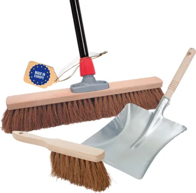 Produktbild von Novaliv Besen 50 cm mit Stiel Kokosbesen Haarmischung inkl. Kehrgarnitur verzinkt bestehend aus Kehrblech und Handfeger Besen Naturborsten Ideal als Werkstattbesen Hallenbesen Hausbesen mit Stiel