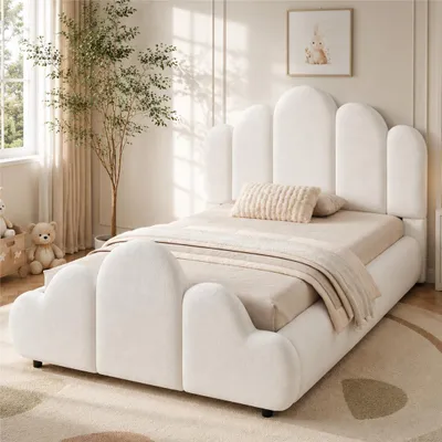 Productafbeelding van Merax Bekleden kinderbed, 90x200 cm, met wolkendesign, eenpersoonsbed met beklede hoofdbord, afgeronde hoeken, bouclé-bekleding, beige