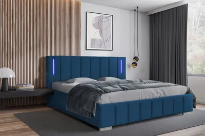 Produktbild von Polsterbett 200 x 200 cm mit Bettkasten und Matratze Lattenrost, Bonellmatratze H3, LED-Beleuchtung Velours Blau Ankona