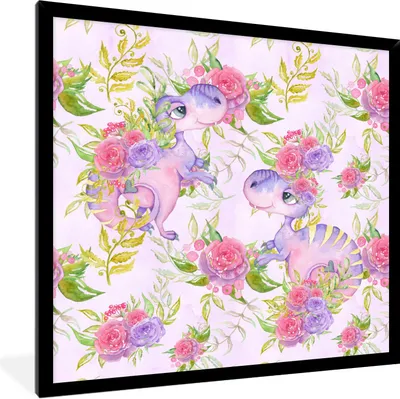 Produktbild von MuchoWow® Gerahmtes Poster Kinderzimmer - Lila - Dinosaurier - Mädchen - Kinder - Rosa 40x40 cm - Poster mit Schwarzem Bilderrahmen Wandposter Rahmen Foto Bilder - Mit Rahmen - Wanddekoration Schlafzimmer