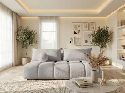 Produktbild von Schlafsofa mit Bettkasten – 3-Sitzer Sofa Couch mit Schlaffunktion, Bettfunktion – Skandinavische Polstercouch im modernen Design – Weicher Bouclé, Bouclestoff – Sand Beige
