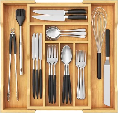 Produktbild von PolkaHome® Besteckkasten für Schubladen, Tiefe 38 cm, ausziehbarer Besteck-Organizer, Breite bis 46 cm, Bambus Besteckhalter für