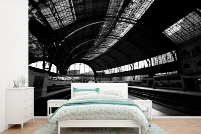 Produktbild von Fotobehang Schwarz-Weiß, Bahnhofsansicht in Barcelona, 330 cm breit, 220 cm hoch, Schwarz-Weiß