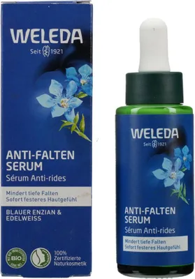 A product box and bottle of Weleda Anti-Falten Serum.