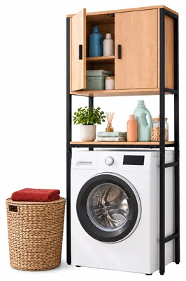 Obrázok produktu pre Skrinečka Relaxdays na práčku, 3 priehradky, polica nad práčku, sušičku alebo toaletu, rozmery (v x š x h) 170 x 64 x 27 cm, čierna/prírodná, Obrázok generovaný UI