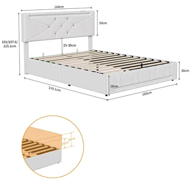 Produktbild von Bettgestell - Gepolstertes Bett - 160 × 200 cm - Beige - Leinenbezug - Stauraum - LED-Beleuchtung - USB-Ladeanschluss