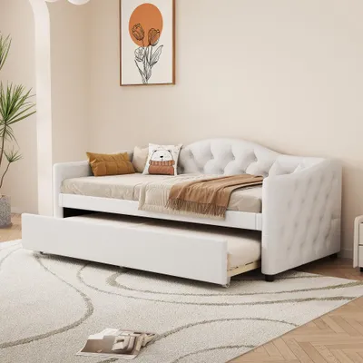 Image de Canapé-lit Daybett avec lit tiroir, design minimaliste, tissu en lin, idéal comme lit simple pour la maison, dimensions 90x200 cm (sans matelas), couleur beige