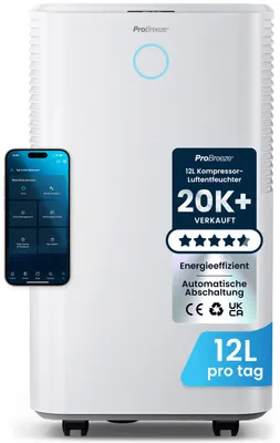 Produktbild von Pro Breeze OmniDry Luftentfeuchter mit App & WLAN, 12L in 24h Entfeuchtungsleistung - Luftentfeuchter elektrisch mit Wäschemodus, Feuchtigkeitssensor, Timer - Gegen Schimmel - Entfeuchter für bis 25m²