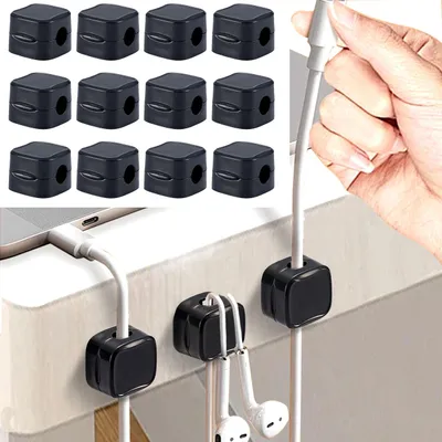 Produktbild von 12er-Set Kabelorganizer mit Magnetclip, schwarz: Schreibtisch-Kabelhalter, selbstklebend & flexibel – Nie wieder Kabelsalat im Büro & Zuhause