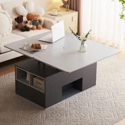 Produktbild von Multifunktions-Couchtisch mit ausziehbarer Tischplatte – Hebebarer Wohnzimmertisch, öffnet sich zu 2 Tischen, große Kapazität, Dunkelgrau-Hellgrau, modernes Design