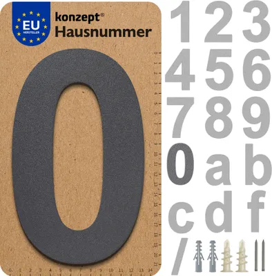 Produktbild von KONZEPT Hausnummer in Anthrazit, Nummer 0, für Tür, Gebäude, Zimmer, aus massiven Stahl, mit witterungsbeständiger Zink- und Pulverbeschichtung