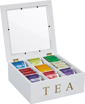 Image de Boîte à thé Relaxdays, 9 compartiments, rangement pour sachets de thé, en bambou, boîte à thé avec fenêtre, H x L x l : 9 x 23,5 x 23,5 cm, blanc/doré