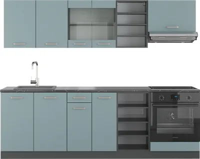 A modern kitchen unit with cabinets, a sink, and an oven, presented against a white background.