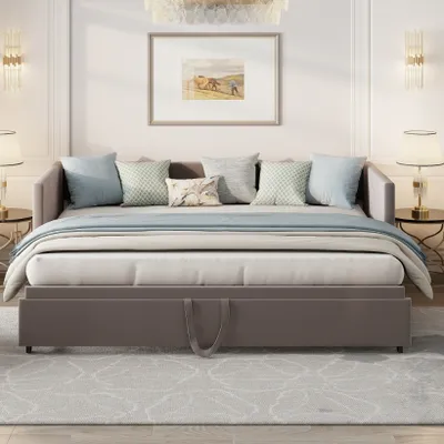 Produktbild von CDGlobal Tagesbett 90x200cm/180x200cm Ausziehbett, Erweiterbares Schlafsofa mit Lattenrost und Armlehnen, Samt Polsterbett Kinderbett Sofabett, Grau