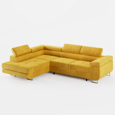 Image de Canapé d'angle VEMO EDGE gauche, tissu velours jaune, avec coffre de rangement et fonction couchage