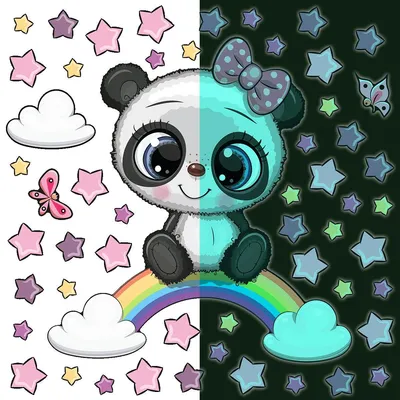 Produktbild von Leuchtsticker – Panda auf Regenbogen – Fluoreszierender Wand-/Deckensticker für Kinder – 130 x 120 cm
